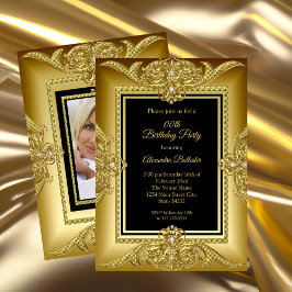 Invitación Elegante foto de cumpleaños con marco negro dorado