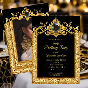Invitación Elegante foto de cumpleaños damasco negro dorado