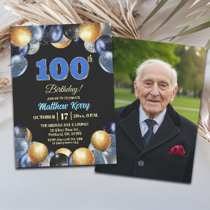 Invitación Elegante Foto de Cumpleaños número 100 en Azul Pla