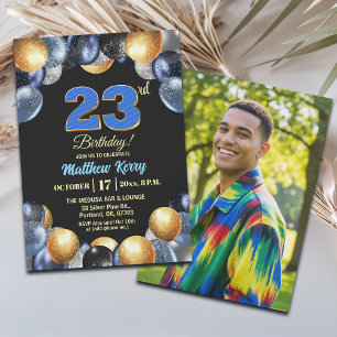 Invitación Elegante Foto de Cumpleaños número 23 en Azul Plat