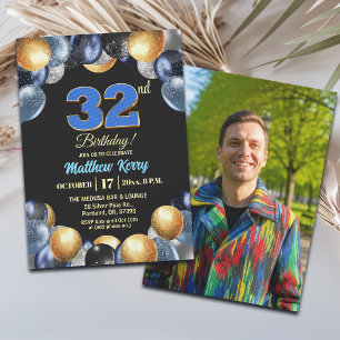 Invitación Elegante Foto de Cumpleaños número 32 en Azul Plat
