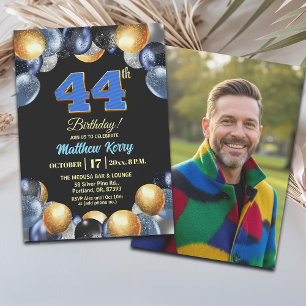 Invitación Elegante Foto de Cumpleaños número 44 en Azul Plat