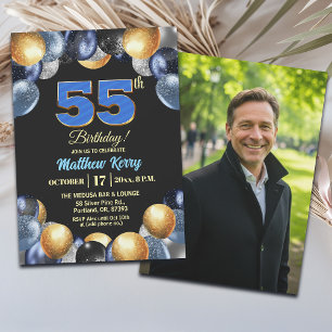Invitación Elegante Foto de Cumpleaños número 55 en Azul Plat