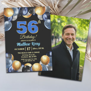 Invitación Elegante Foto de Cumpleaños número 56 en Azul Plat