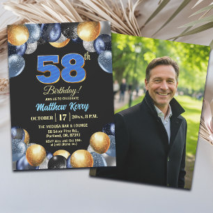 Invitación Elegante foto de cumpleaños número 58 en azul plat