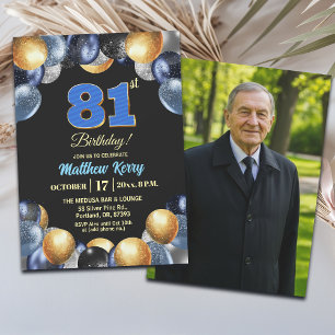 Invitación Elegante foto de cumpleaños número 81 en azul plat