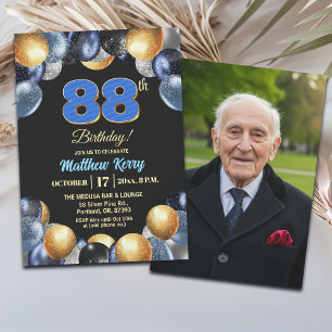 Invitación Elegante Foto de cumpleaños número 88 en Azul Plat