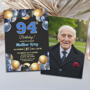 Invitación Elegante Foto de Cumpleaños número 94 en Azul Plat
