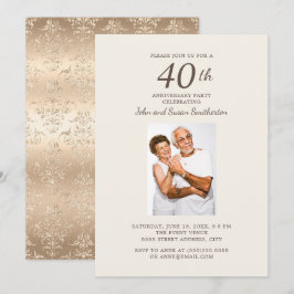 Invitación Elegante Foto de Damasco Dorado de Aniversario de 