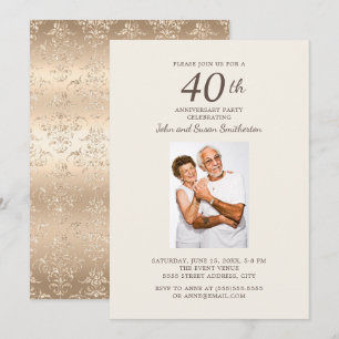 Invitación Elegante Foto de Damasco Dorado de Aniversario de 