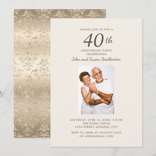 Invitación Elegante foto de damasco dorado para aniversario d (Anverso / Reverso)