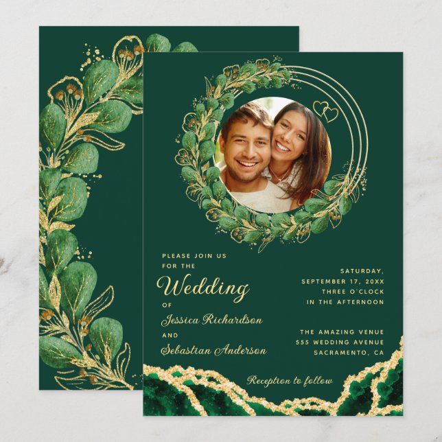 Invitación Elegante foto de Eucalyptus Emerald Green Boda (Anverso / Reverso)