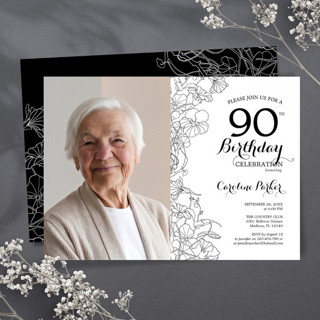 Invitación Elegante foto de flor blanca negra 90 cumpleaños (Subido por el creador)