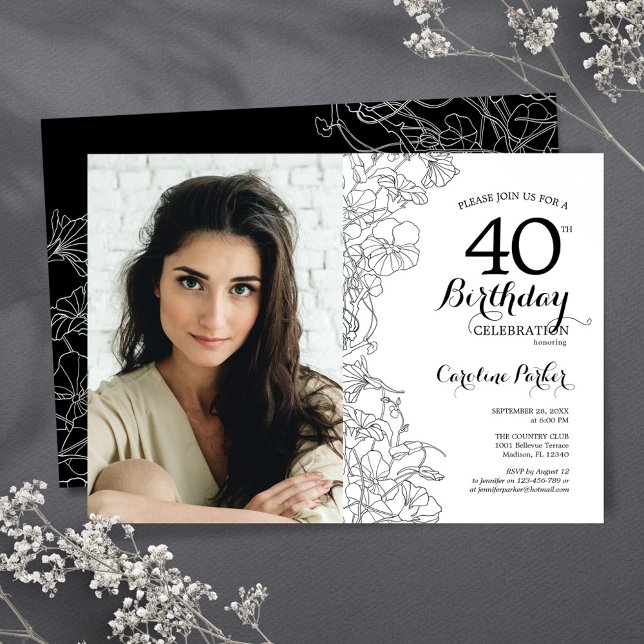 Invitación Elegante foto de Floral blanca negra 40 cumpleaños (Subido por el creador)