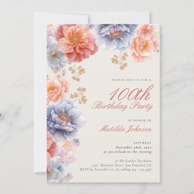 Invitación Elegante foto de Floral Rosa 100 cumpleaños (Anverso)