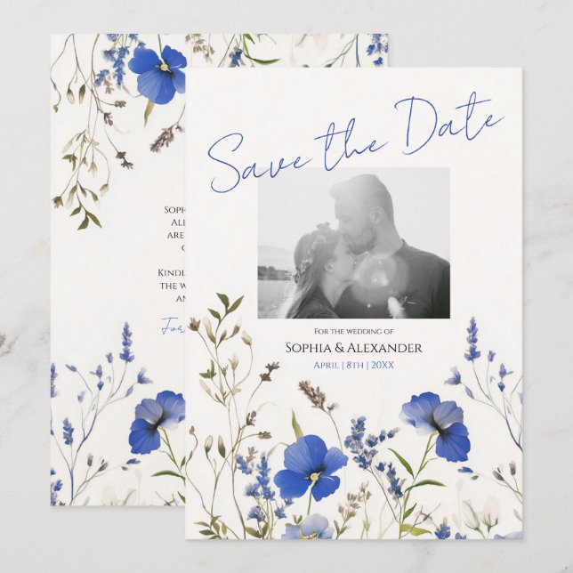 Invitación Elegante foto de Flores salvajes de Boho azul salv (Anverso / Reverso)