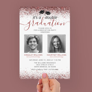 Invitación Elegante Foto de Graduación Conjunta en Rojo Marsa