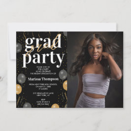 Invitación Elegante foto de graduación de Globos de Oro y Neg