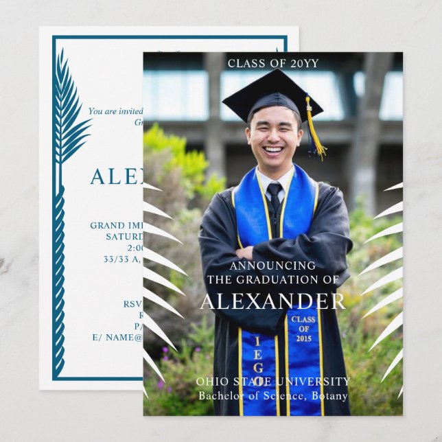 Invitación Elegante foto de graduación de licencia tropical (Anverso / Reverso)