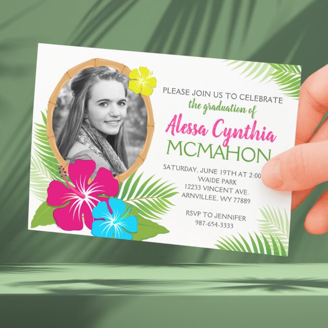 Invitación Elegante foto de graduación de Luau en Hawái (Tropical Luau 1 Photo Graduation Invitations. Class Year on Back)