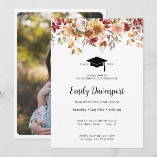 Invitación Elegante foto de graduación floral en la parte pos
