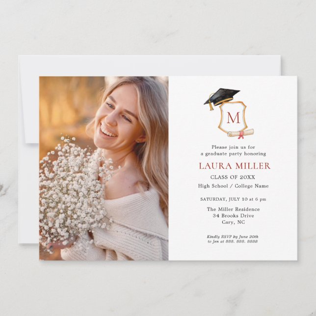 Invitación Elegante foto de graduación monogramada (Anverso)