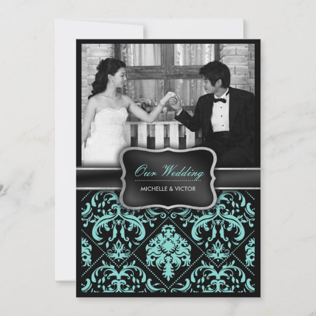 Invitación Elegante foto de la boda azul y negra de Aqua (Anverso)