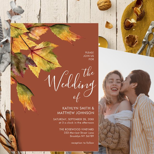 Invitación Elegante foto de la boda de otoño del follaje marr (Subido por el creador)