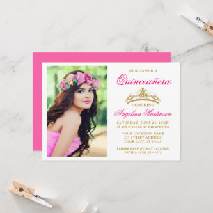 Invitación Elegante foto de la corona de oro rosa caliente Qu