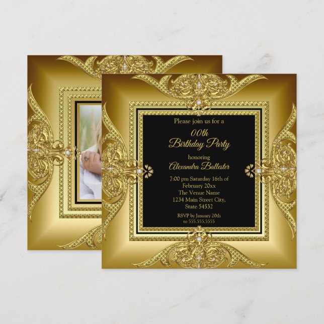 Invitación Elegante foto de la fiesta de cumpleaños marco dor (Anverso / Reverso)