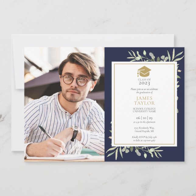 Invitación Elegante foto de la fiesta de graduación azul de l (Anverso)