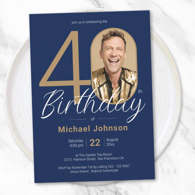 Invitación Elegante foto de la Marina de Oro Azul 40 cumpleañ (Elegant Photo Gold Navy Blue 40th Birthday Invitation)
