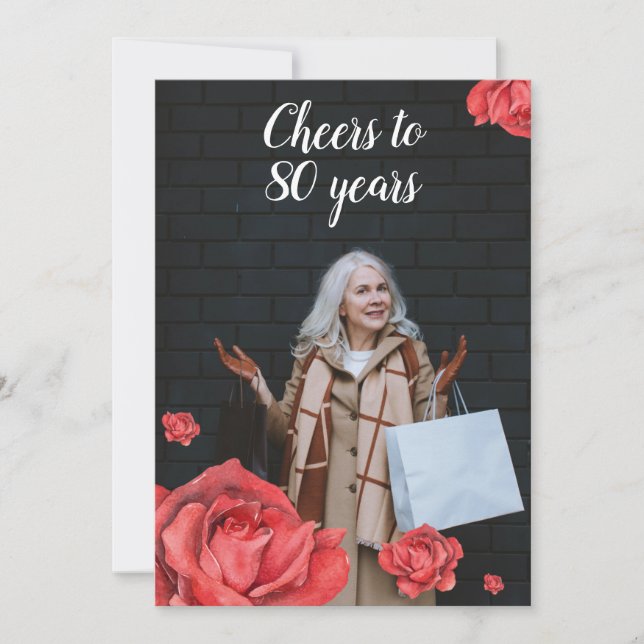 Invitación Elegante foto de mamá rosa roja 80 cumpleaños (Anverso)