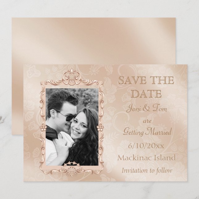 Invitación Elegante foto de marfil y oro salva la fecha (Anverso / Reverso)