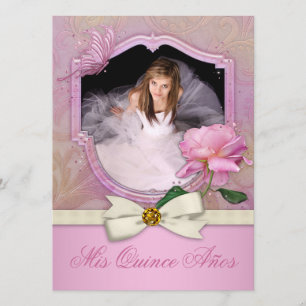 Invitación Elegante foto de mariposa rosa Quinceañera