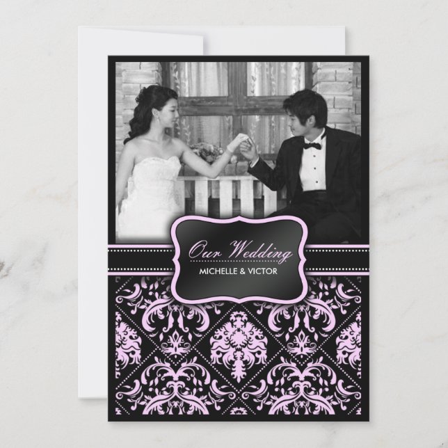 Invitación Elegante foto de matrimonio pastel rosa y negro Da (Anverso)