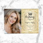 Invitación Elegante foto de oro 50 cumpleaños<br><div class="desc">Elegante invitación femenina de 50 años con tu foto. Diseño de vidrio con oro falso purpurina. Incluye rayas, letra de guión y confeti. Perfecto para un elegante fiesta de celebración de cumpleaños. Personaliza con tus propios detalles. ¡Se puede personalizar para cualquier edad! Invitaciones Zazzle impresas o una plantilla imprimible digital...</div>