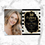 Invitación Elegante foto de oro blanco negro 50 cumpleaños<br><div class="desc">Elegante invitación floral de 50 años con tu foto. Diseño blanco y negro de cristal con oro falso purpurina. Presenta rayas en blanco y negro, rosas, letra de guión y confeti. Perfecto para un elegante fiesta de celebración de cumpleaños. Personaliza con tus propios detalles. ¡Se puede personalizar para cualquier edad!...</div>