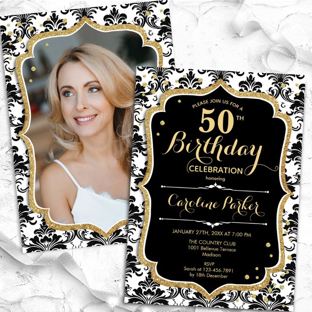 Invitación Elegante foto de oro blanco negro 50 cumpleaños (Subido por el creador)