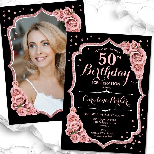 Invitación Elegante foto de oro del Rosa negro 50 cumpleaños (Subido por el creador)