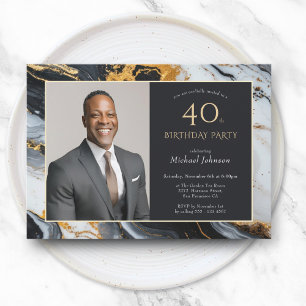 Invitación Elegante foto de oro negro 40 cumpleaños