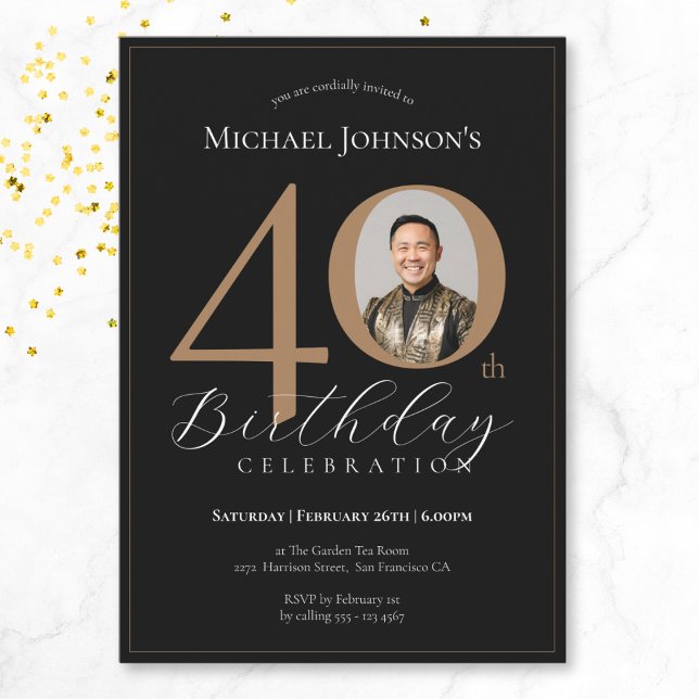 Invitación Elegante foto de oro negro 40 cumpleaños (Mockup View)