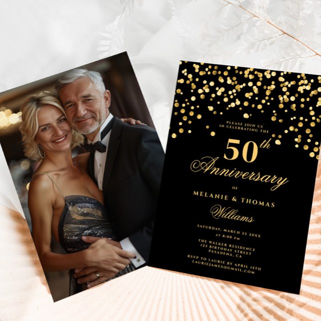 Invitación Elegante foto de oro negro 50 aniversario de Boda (Subido por el creador)