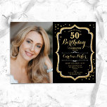 Invitación Elegante foto de oro negro 50 cumpleaños<br><div class="desc">Elegante invitación de cumpleaños número 50 con tu foto. Diseño negro brillante con oro falso purpurina. Presenta el tipo de letra del guión y el perfil. Perfecto para un elegante fiesta de celebración de cumpleaños. Personaliza con tus propios detalles. ¡Se puede personalizar para cualquier edad! Invitaciones Zazzle impresas o una...</div>