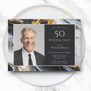 Invitación Elegante foto de oro negro 50 cumpleaños