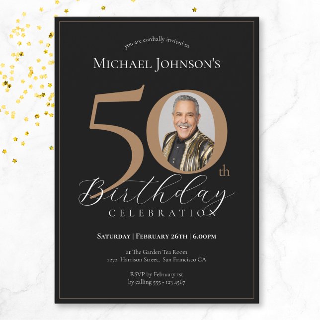 Invitación Elegante foto de oro negro 50 cumpleaños (Mockup View)