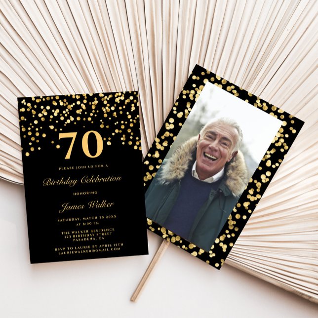 Invitación Elegante Foto De Oro Negro 70. Fiesta De Cumpleaño (Subido por el creador)