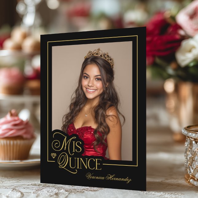 Invitación Elegante foto de oro negro mis cinco quinceañeras (Front)