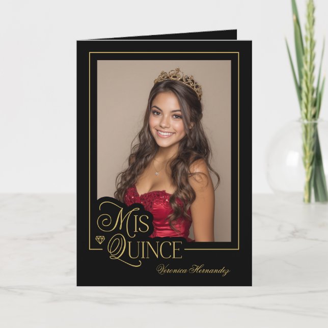 Invitación Elegante Foto de Oro Negro Mis Quince Quinceañera (Anverso)