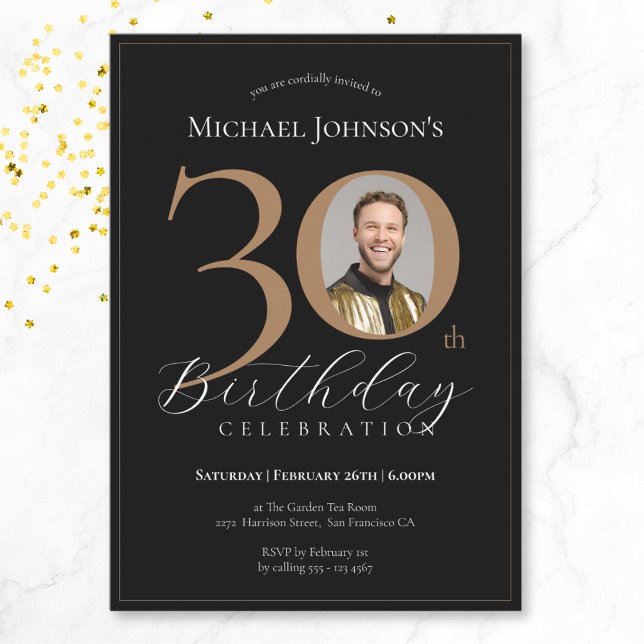 Invitación Elegante foto de oro negro por 30 años (Mockup View)